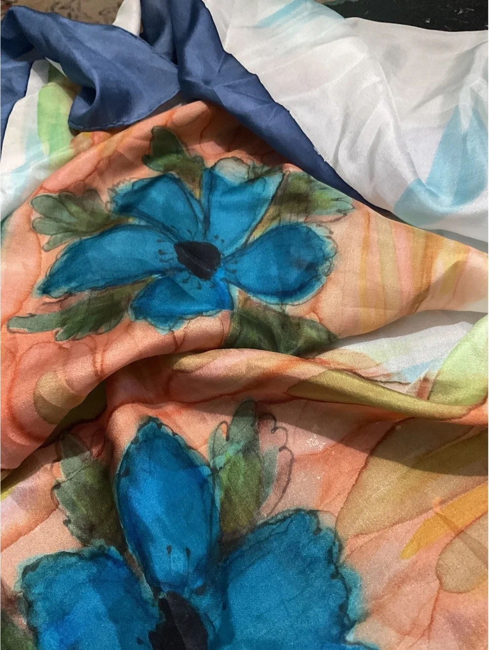 Vintage Blue Floral Silk Scarf with Navy Border Fall